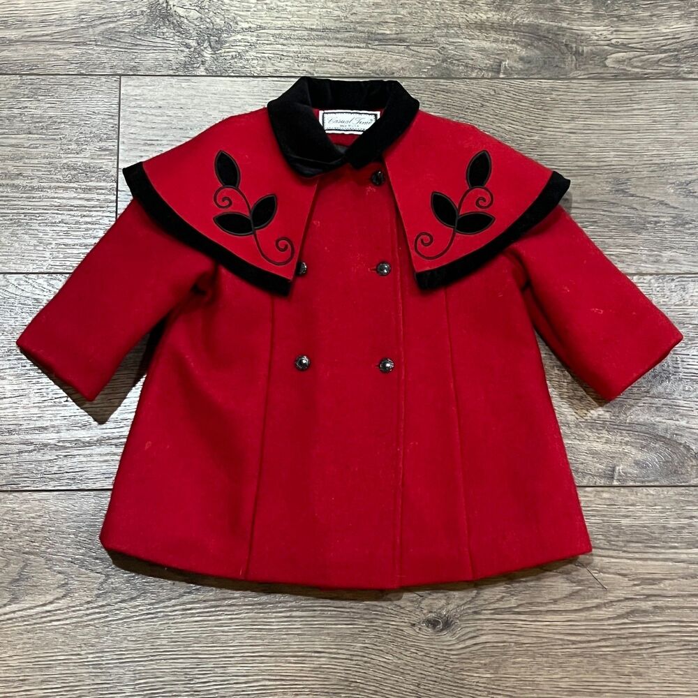 True Vintage 1950s/60s Casual Time Red Wool Coat w/ Cape Made in USA Girls 3T 4T